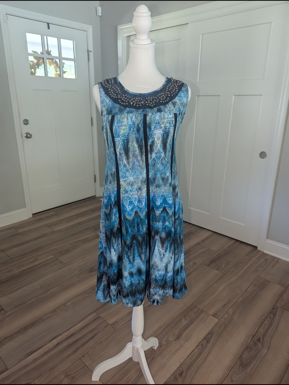 NY Collection Blue Printed Sleeveless Embellished Neck Dress